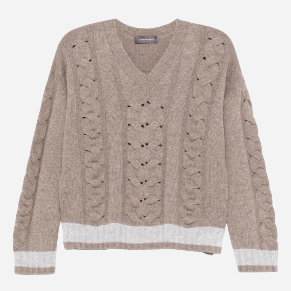 Lorena Antoniazzi | Cable Knit V-Neck Sweater | Taupe | 38 | NWOT - Picture 2 of 12